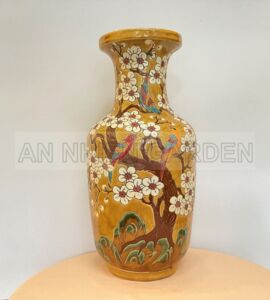 Bình Gốm Lục Bình | Họa Tiết Hoa Mai Trắng, Chim Điểu