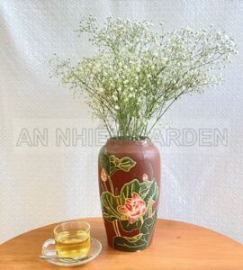 Bình Gốm Dáng Lu | Họa Tiết Vẽ Hoa Sen Nền Nâu