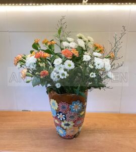 Bình Gốm Miệng Xoăn | Họa Tiết Bách Hoa Nền Nâu
